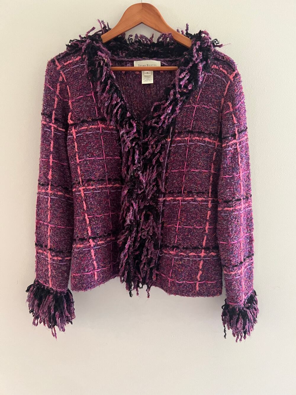 Susan Bristol Afghan Cardigan Jacket Purple Pink Plaid w Fringe Collar Small JL